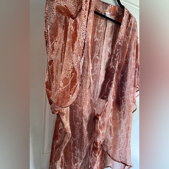 NWOT Gorgeous Sheer Brown Python Design 3/4 Bell Sleeve Kimono Swimsuit Coverup - Picture 12 of 17